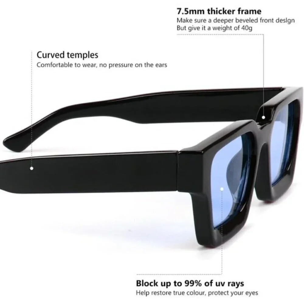 ⚡Men Blue Fashion Thick Trendy Square Shades Rectangle Designer SunGlasses